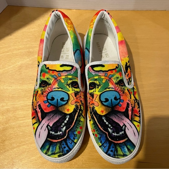 Colorful Dog Face Shoes Womens 9 Rainbow Hippie Boho Love Slip On - Picture 2 of 8